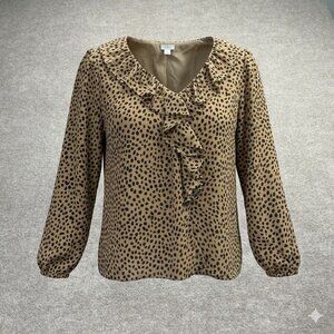 J. Crew Leopard Print Ruffle V-Neck Blouse Tan Black XL